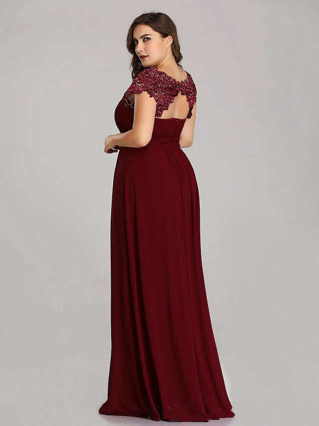 A-Line Mother of the Bride Dress Plus Size Jewel Neck Floor Length Chiffon Short Sleeve with Lace