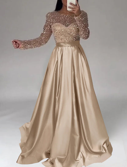 A-Line Evening Gown Sparkle Dress Wedding Black Tie Floor Length Long Sleeve Jewel Neck Satin with Sequin 2025