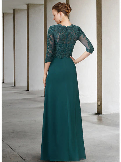 A-Line Mother of the Bride Dress Elegant V Neck Floor Length Chiffon Lace Half Sleeve with Draping