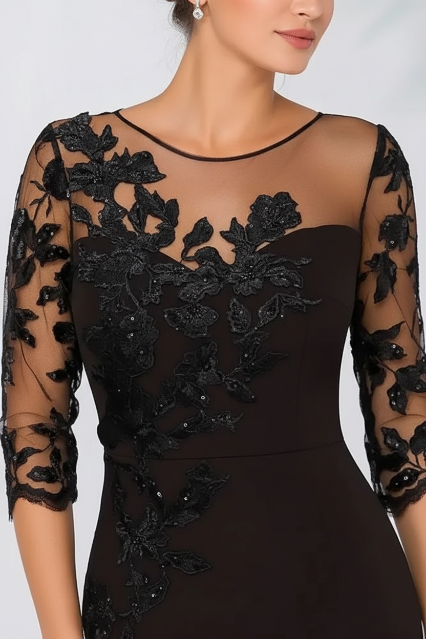Jewel Neck Column Floral Lace Mother of the bride Dresses Half Sleeves