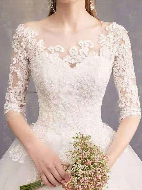 Jewel Neck Half-Sleeve Wedding Dresses White Tulle Lace Up Floor Length Bride Dresses