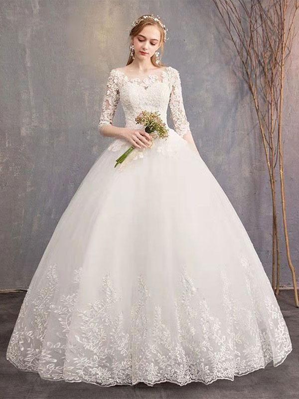 Jewel Neck Half-Sleeve Wedding Dresses White Tulle Lace Up Floor Length Bride Dresses