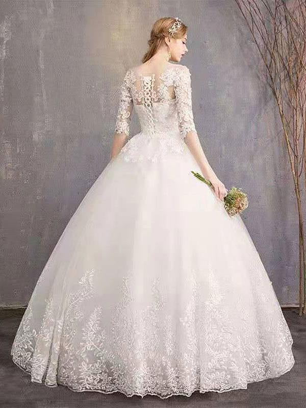 Jewel Neck Half-Sleeve Wedding Dresses White Tulle Lace Up Floor Length Bride Dresses