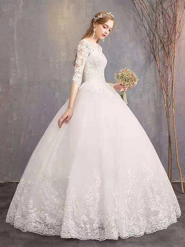 Jewel Neck Half-Sleeve Wedding Dresses White Tulle Lace Up Floor Length Bride Dresses