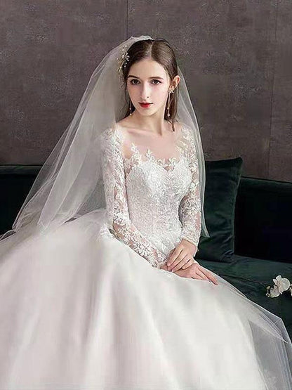 Jewel Neck Long Sleeves Vintage Wedding Dresses White Satin Cathedral Train Dress with Appliques