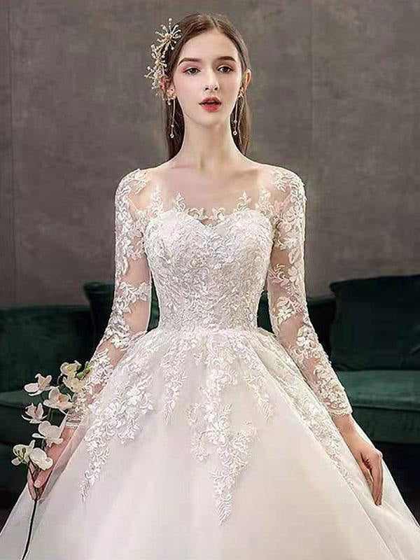 Jewel Neck Long Sleeves Vintage Wedding Dresses White Satin Cathedral Train Dress with Appliques