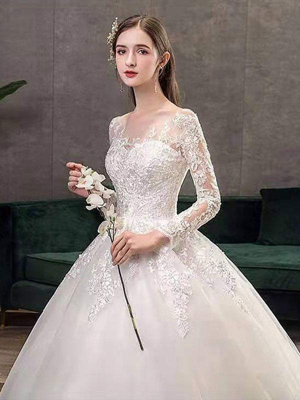 Jewel Neck Long Sleeves Vintage Wedding Dresses White Satin Cathedral Train Dress with Appliques