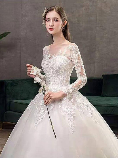 Jewel Neck Long Sleeves Vintage Wedding Dresses White Satin Cathedral Train Dress with Appliques