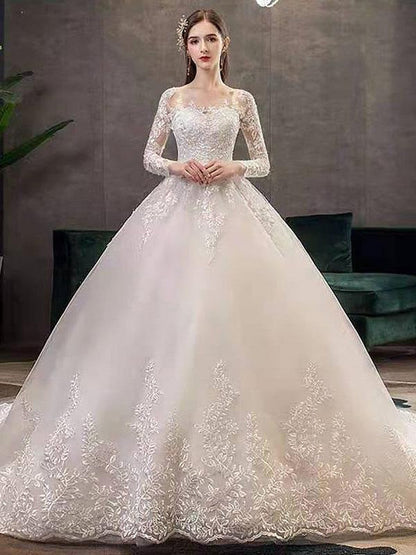 Jewel Neck Long Sleeves Vintage Wedding Dresses White Satin Cathedral Train Dress with Appliques