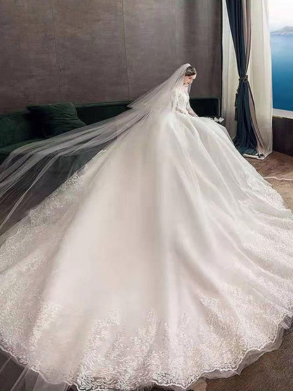 Jewel Neck Long Sleeves Vintage Wedding Dresses White Satin Cathedral Train Dress with Appliques