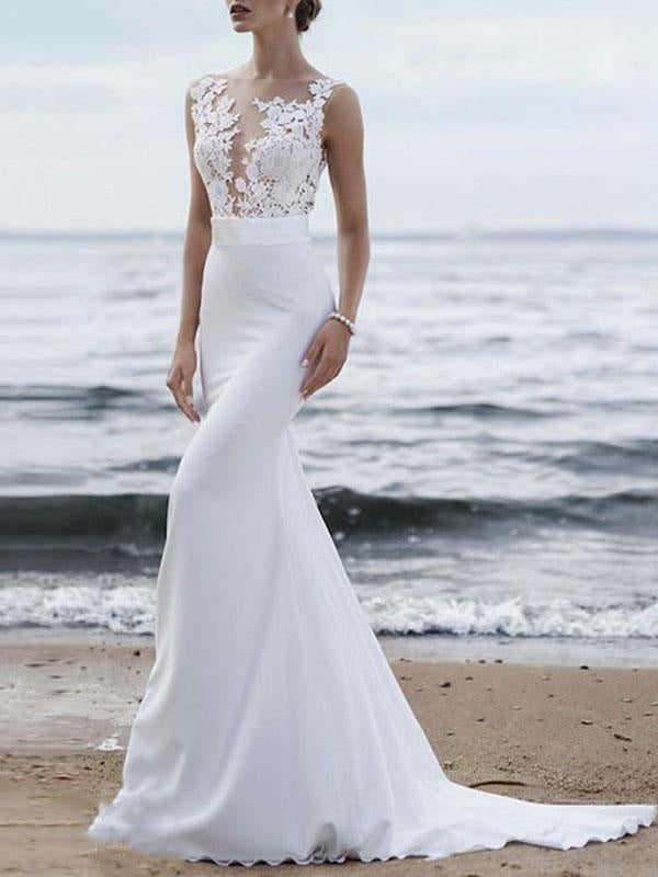 Jewel Neck Sleeveless Mermaid Beach Wedding Bridal Gowns With Sweep Train