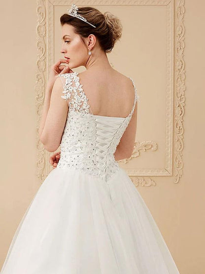 Jewel Neck Sleeveless Wedding Dresses White Tulle Lace Floor Length Bride Dresses