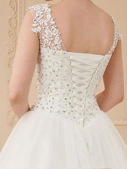 Jewel Neck Sleeveless Wedding Dresses White Tulle Lace Floor Length Bride Dresses