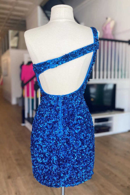 One-Shoulder Blue Sequin Keyhole Mini Homecoming Dress