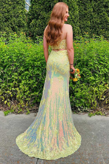 Red Sequin Split Neck Long Prom Dress with Slit