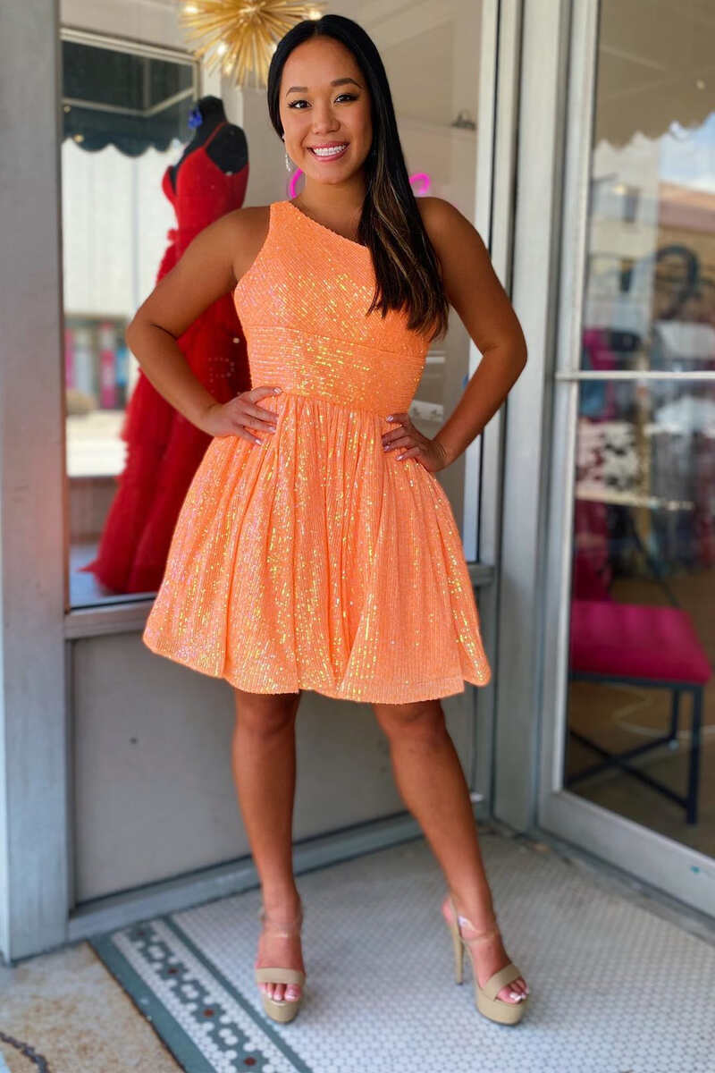 Navy Blue Sequins One-Shoulder A-Line Short Homecoming Dress