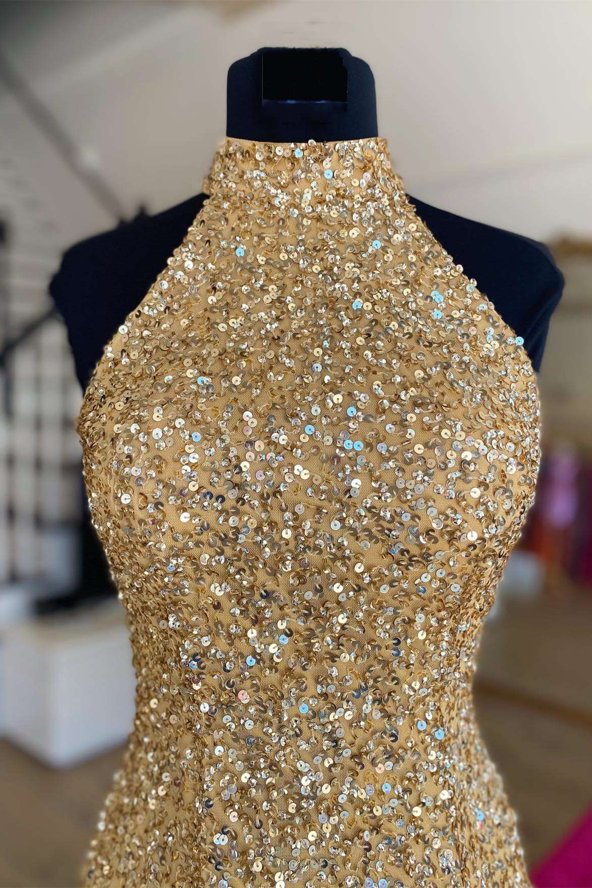 Black Sequins Halter Tassel Mini Party Dress