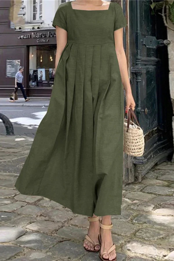 Leisure minimalist solid color pleated square collar A-line evening dress Mother of the Bride Dresses