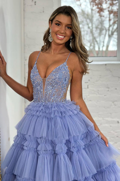 Sparkly Lilac A Line Beaded Long Tiered Corset Prom Dress With Slit Sexy