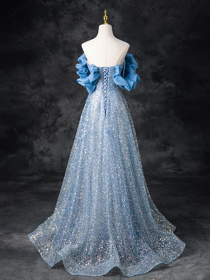 A-Line Off Shoulder Sequin Beads Blue Long Prom Dress Sparkly Evening Dress