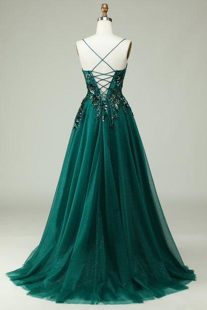 A Line Spaghetti Straps Dark Green Corset Prom Dress with Appliques Beautiful