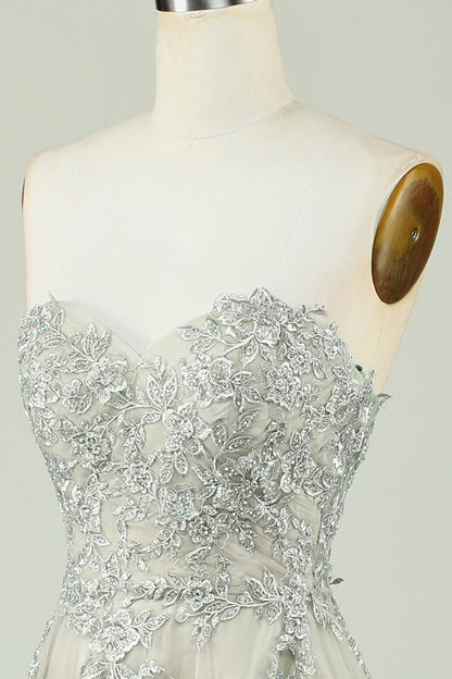 Sweetheart Beaded Light Green Long Prom Dress with Slit Front Off Shoulder Beautiful