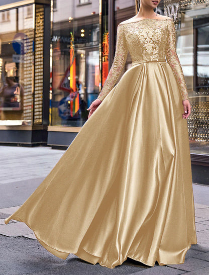 A-Line Evening Gown Party Dress Christmas Red Green Dress Elegant Dress Wedding Guest Fall Floor Length Long Sleeve Off Shoulder Belt / Sash Satin with Appliques 2025