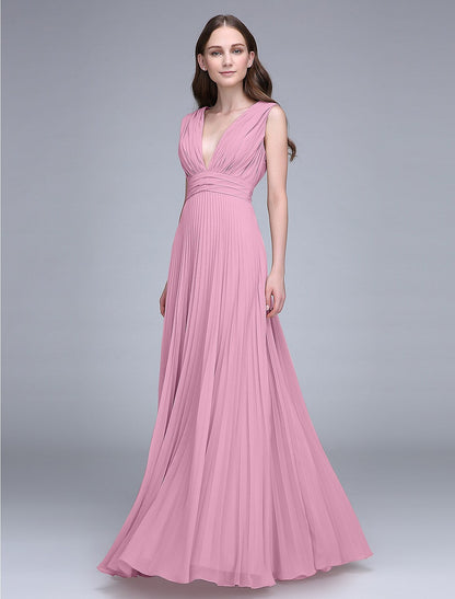 Bridesmaid Dress V Neck Sleeveless Elegant Floor Length Chiffon with Ruched