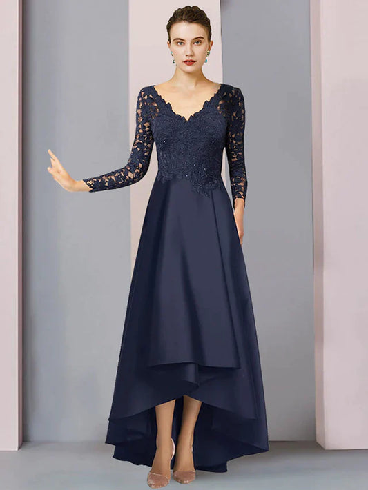 DingjiA-Line Mother of the Bride Dress Formal Wedding Guest Elegant High Low V Neck Asymmetrical Tea Length Satin Lace Long Sleeve with Pleats Appliques