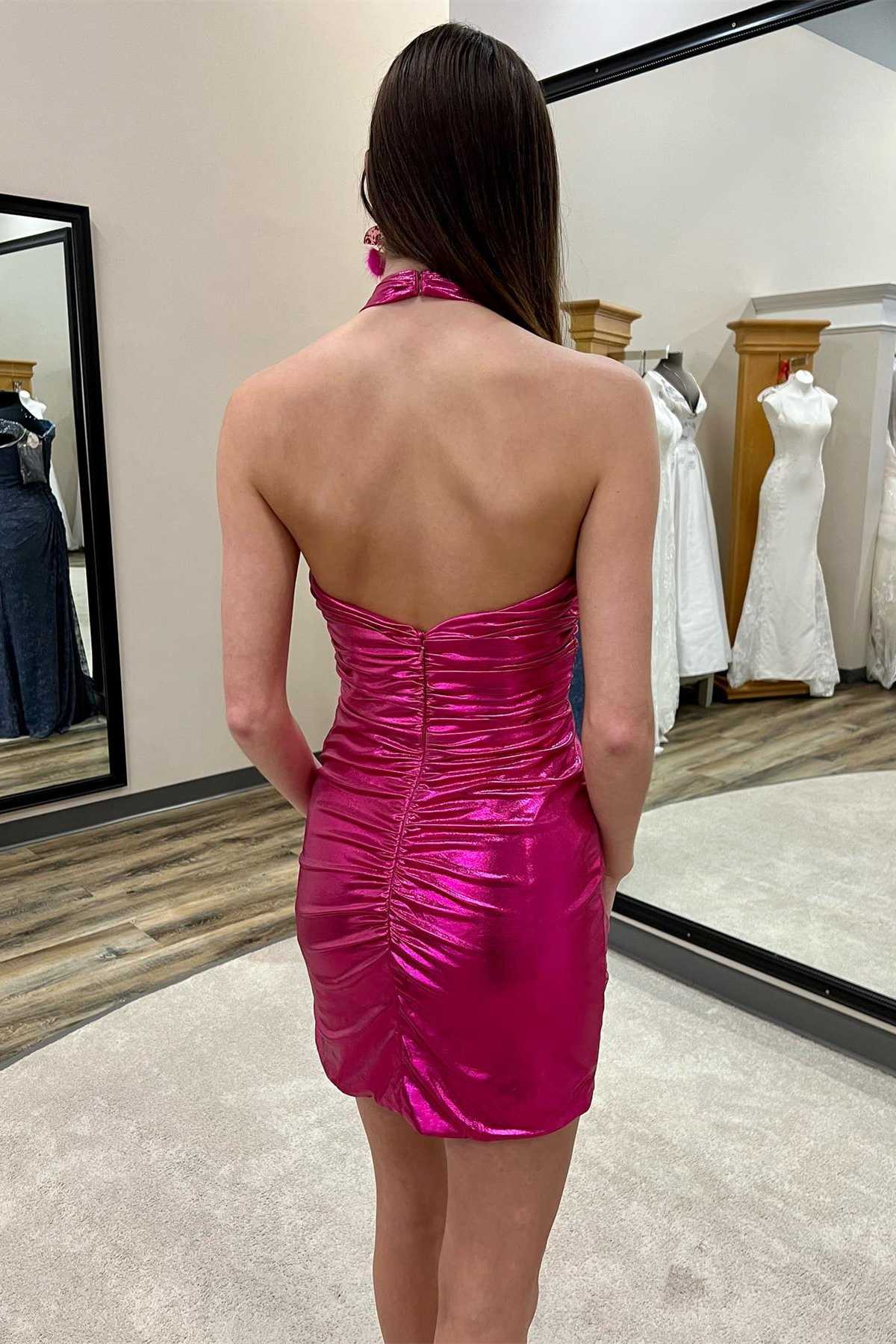 Neon Pink Halter Ruched Short Party Dress