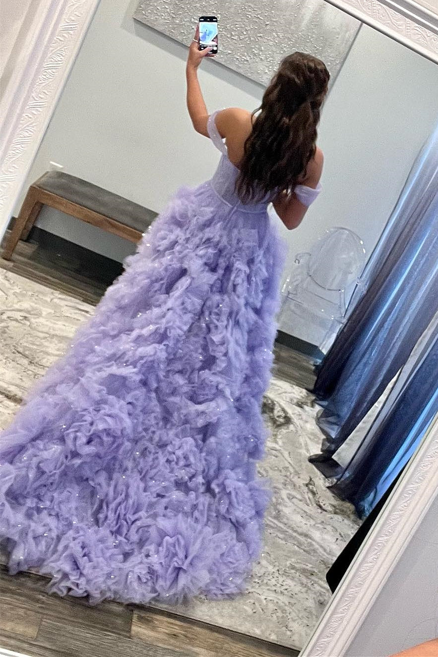 Lavender Tulle Off-the-Shoulder Long Prom Dress with Ruffles