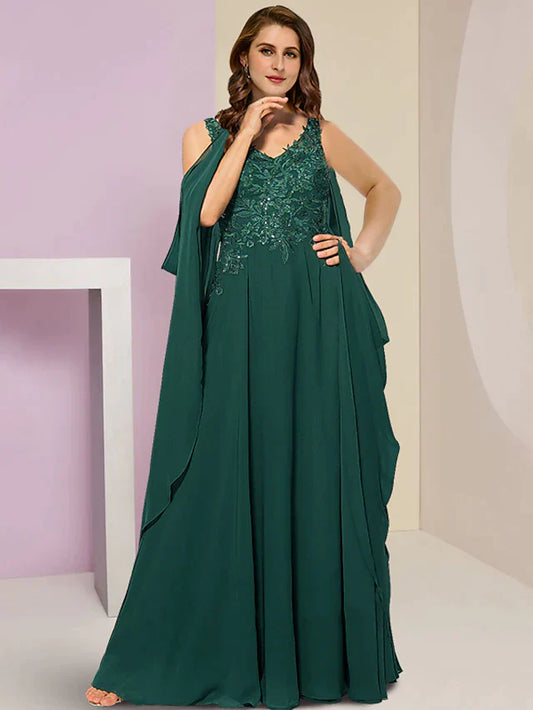 Plus Size Curve Mother of the Bride Dress Wedding Guest Vintage Party V Neck Floor Length Chiffon Lace Sleeveless with Pleats Sequin