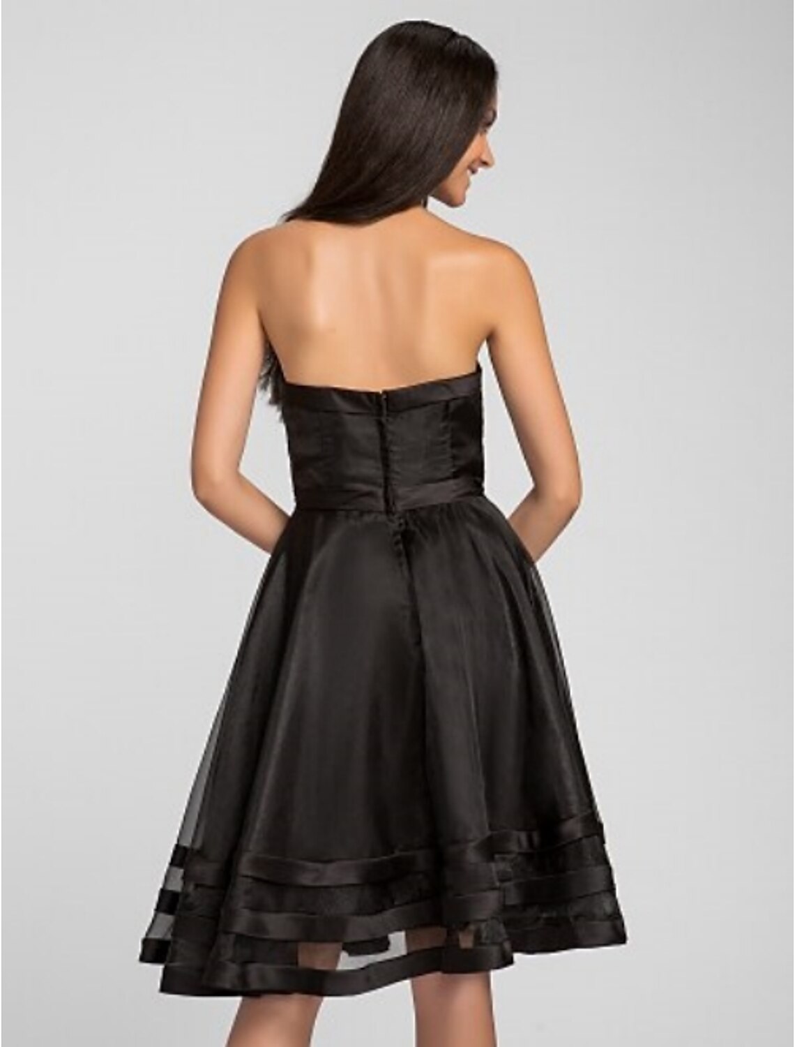 A-Line Strapless Knee Length Organza Bridesmaid Dress with Pleats Ruffles