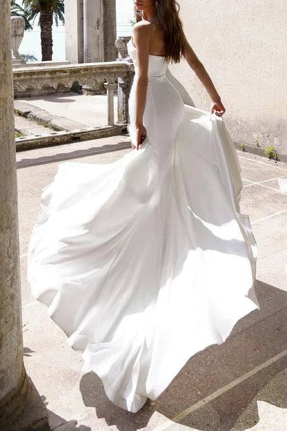 Mermaid/Trumpet Wedding Dress Illusion Neckline Bead Satin Pleated Bridal Dress With Slit