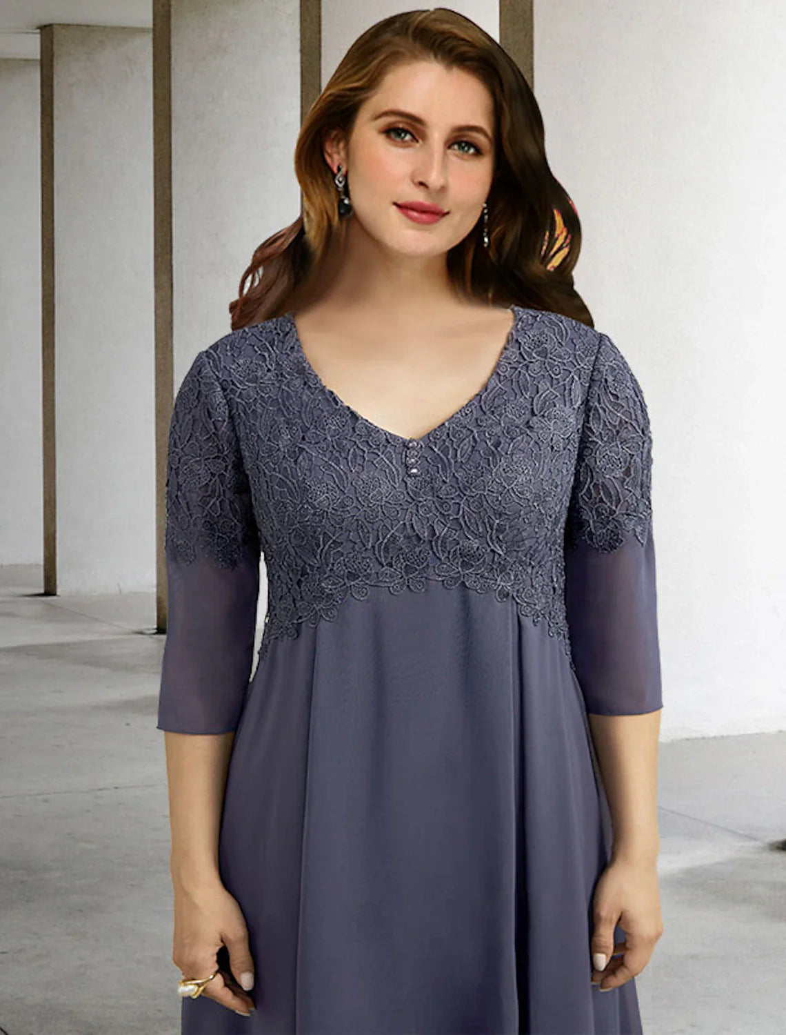 Aimishang  A-Line Mother of the Bride Dresses Plus Size Hide Belly Curve Elegant Dress Formal Tea Length Half Sleeve V Neck Chiffon with Buttons Appliques Fall