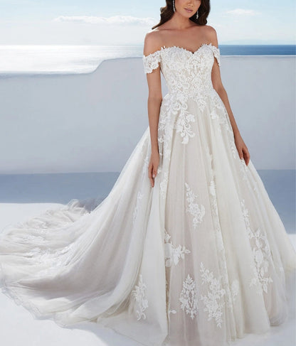 Off-The-Shoulder Ball-Gown Lace Wedding Dresses With Tulle Floor Length Elegant