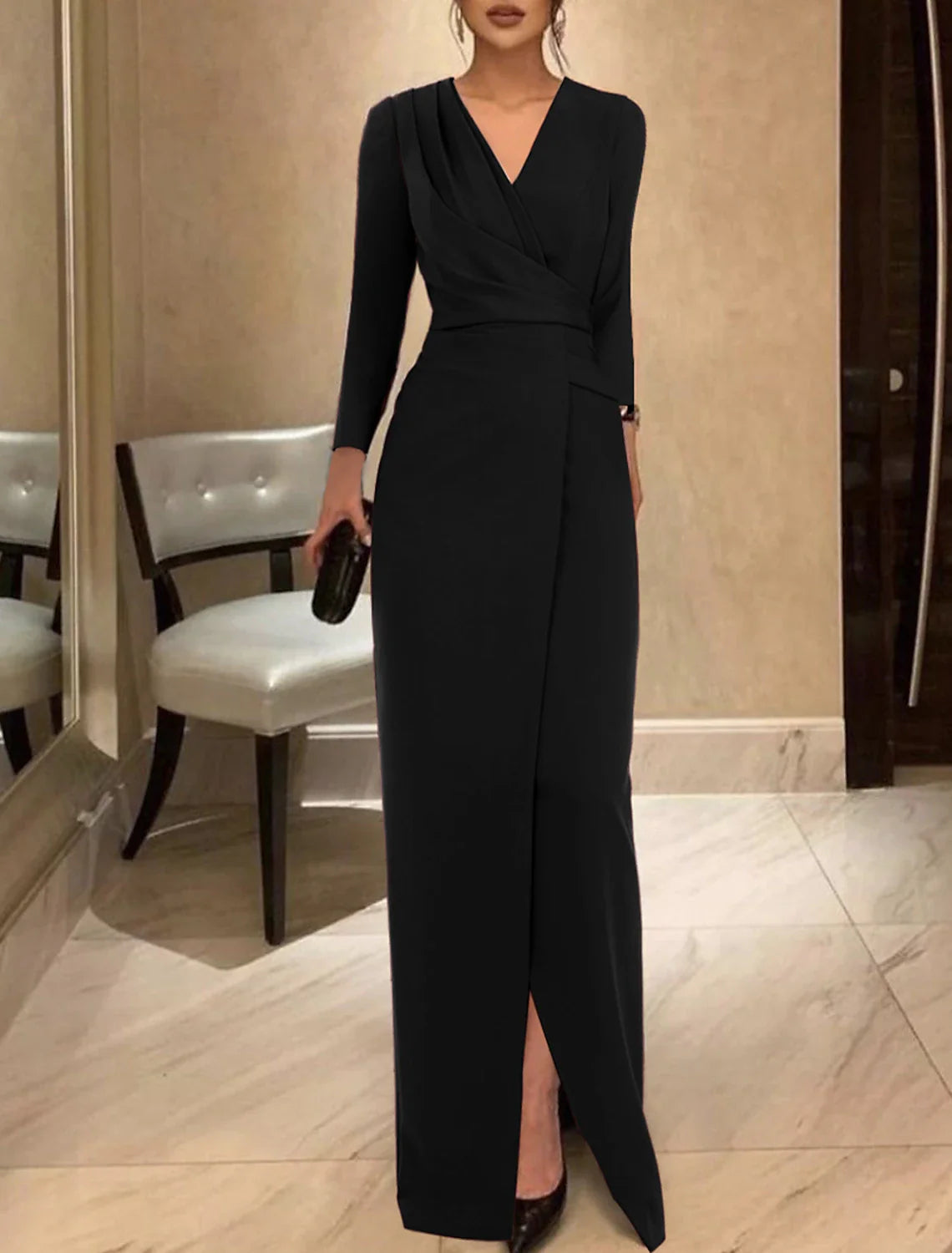 Sheath Black Dress Evening Gown Vintage Dress Formal Floor Length Long Sleeve V Neck  Fabric with Ruched 2025
