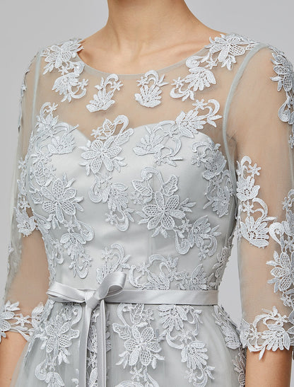 Wholesale A-Line Empire Dress Wedding Guest Prom Dress Floor Length Half Sleeve Illusion Neck Tulle with Bow(s) Appliques