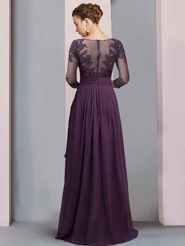 Sheath / Column Mother of the Bride Dress Formal Party Elegant Scoop Neck Asymmetrical Chiffon Lace 3/4 Length Sleeve with Pleats