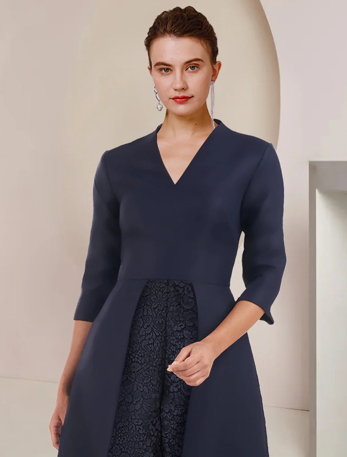 Jumpsuit / Pantsuit Mother of the Bride Dress Wedding Guest Party Elegant V Neck Tea Length Taffeta 3/4 Length Sleeve with Solid Color