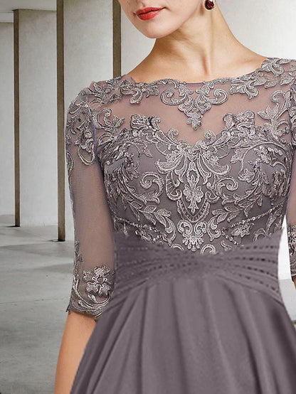 DingjiA-Line Mother of the Bride Dress Plus Size Elegant High Low Jewel Neck Asymmetrical Ankle Length Chiffon Lace Half Sleeve with Beading Ruffles Appliques