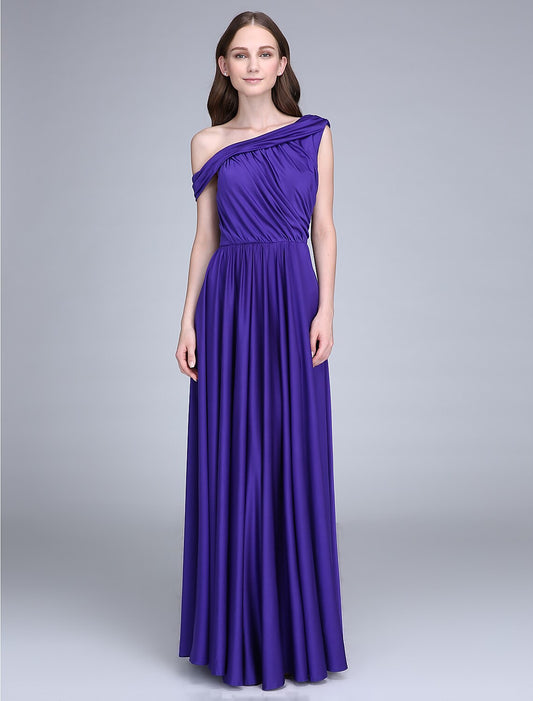 Sheath / Column Bridesmaid Dress One Shoulder Sleeveless Elegant Floor Length Jersey with Side Draping