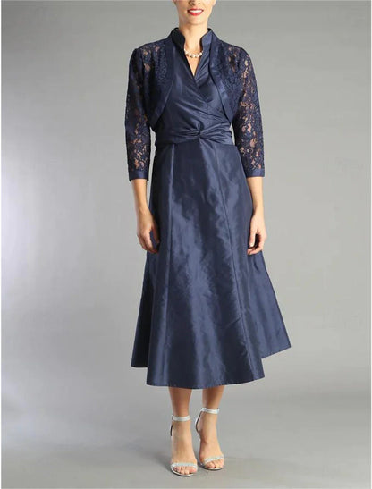 A-Line Mother of the Bride Dress Formal Wedding Guest Elegant Shirt Collar Tea Length Lace Taffeta 3/4 Length Sleeve with Lace Criss Cross