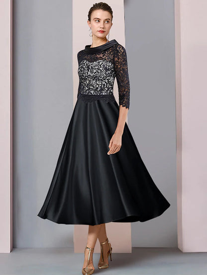 A-Line Mother of the Bride Dress Formal Wedding Guest Party Elegant Bateau Neck Tea Length Satin Lace Half Sleeve with Pleats