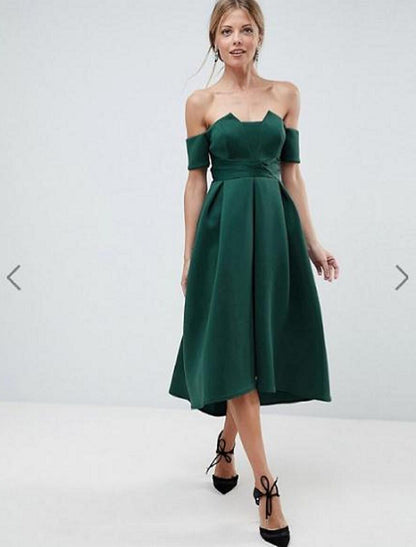 Princess / A-Line Bridesmaid Dress Off Shoulder Short Sleeve Tea Length Satin with Sash / Ribbon / Pleats / Ruched