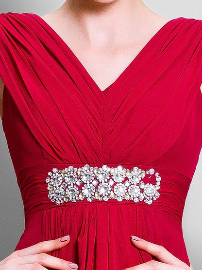 A-Line Mother of the Bride Dress Open Back V Neck Floor Length Chiffon Sleeveless with Beading Side