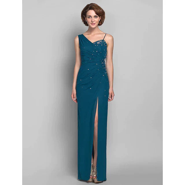 Sheath / Column Mother of the Bride Dress Furcal One Shoulder Floor Length Chiffon Sleeveless with Beading