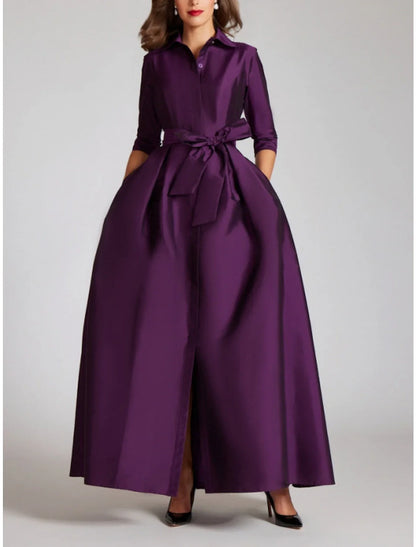 Satin A-Line Evening Gown Champagne Gold Minimalist Black Christmas Red Green Dress Dress Formal Fall Floor Length Half Sleeve Shirt Collar with Bow(s) Pleats 2025