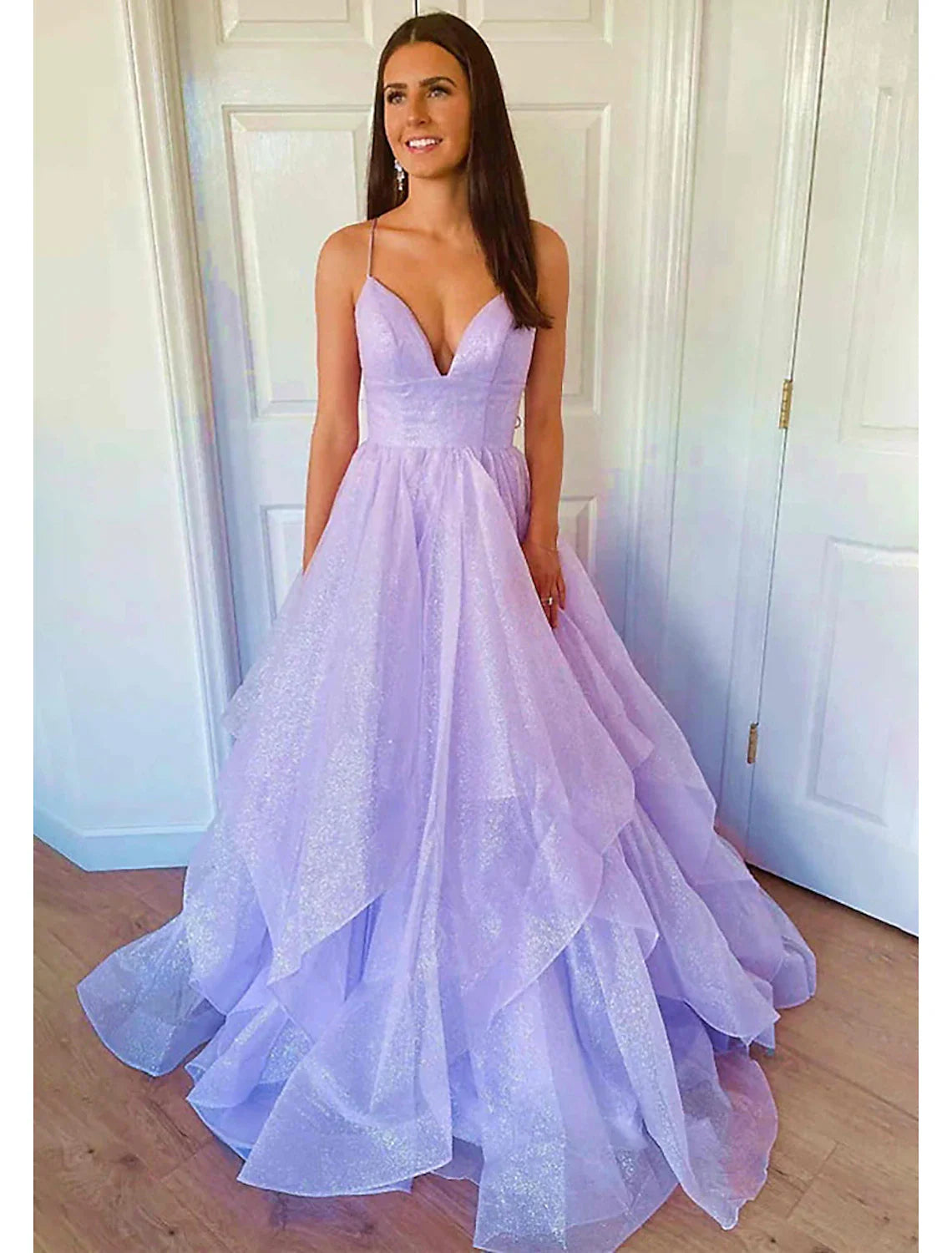 Aimishang Ball Gown Prom Dresses Glittering Dress Wedding Party Court Train Sleeveless Spaghetti Strap Tulle Backless with Sequin Ruffles