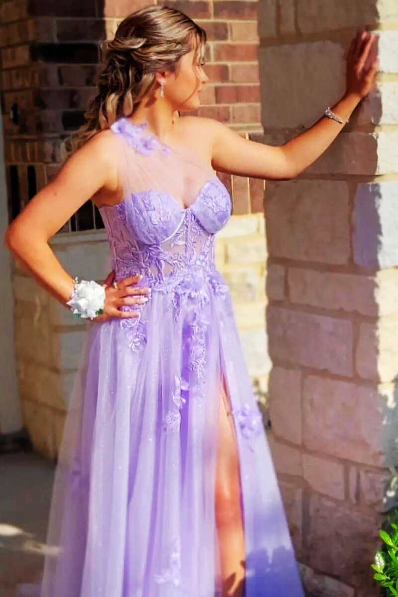 Dreamy Lavender Sheer Mesh One-Shoulder Long Prom Gown